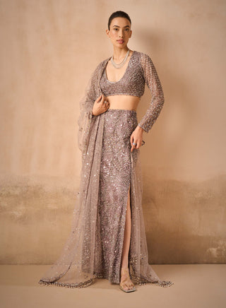 Lilac tulle straight slit skirt set