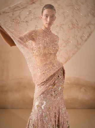 Rose pink georgette sparkle drape lehenga set