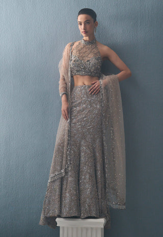 Gray tulle fit and flare lehenga set