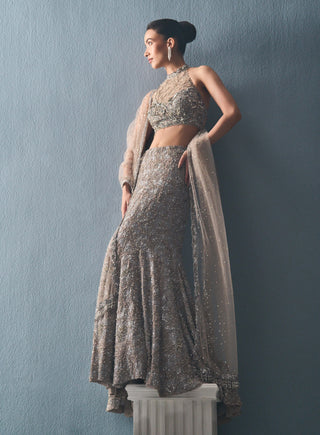 Gray tulle fit and flare lehenga set