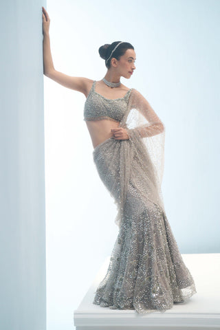 Silver gray tulle drape lehenga set