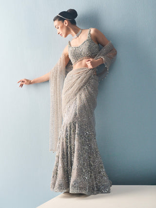 Silver gray tulle drape lehenga set