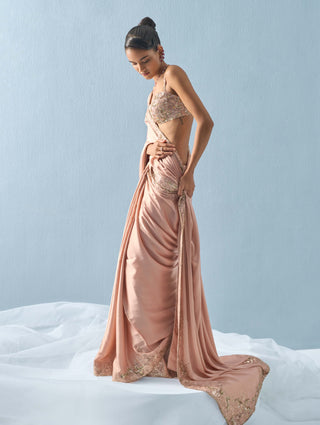 Nude pink satin sari set