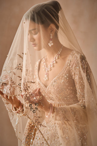 Beige nude tulle lehenga set