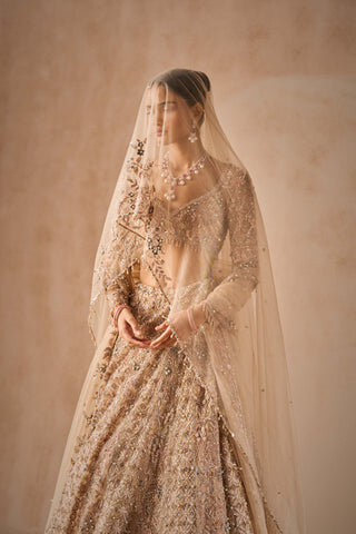 Beige nude tulle lehenga set