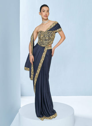 Midnight blue satin sari and corset set