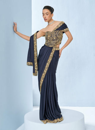 Midnight blue satin sari and corset set