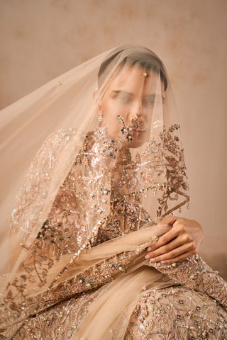 Beige nude tulle lehenga set