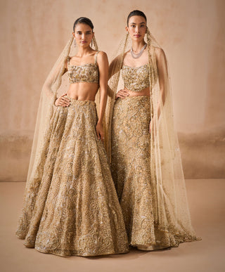 Beige gold tulle sparkle lehenga set