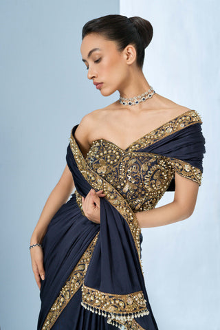 Midnight blue satin sari and corset set