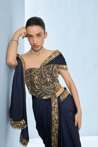Midnight blue satin sari and corset set