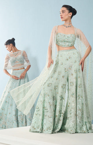 Sea green georgette high waist sharara and cape set