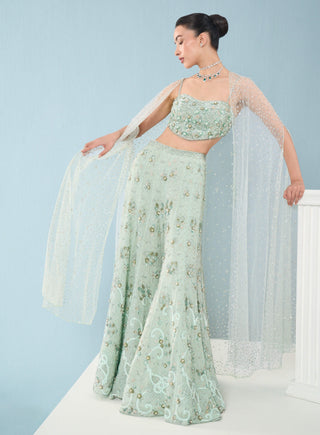Sea green georgette high waist sharara and cape set