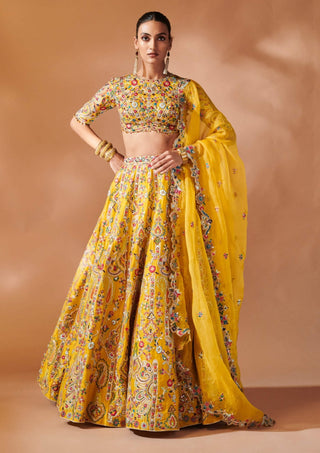 Mustard Embroidered Lehenga Set by Tamanna Punjabi Kapoor, available on Indiaspopup.com