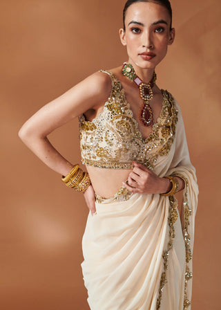 Ivory And Gold Stitched Sari And Blouse by Tamanna Punjabi Kapoor, available on Indiaspopup.com