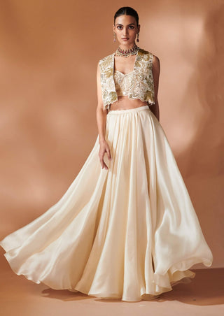 Ivory Organza Skirt And Embroidered Jacket Set by Tamanna Punjabi Kapoor, available on Indiaspopup.com