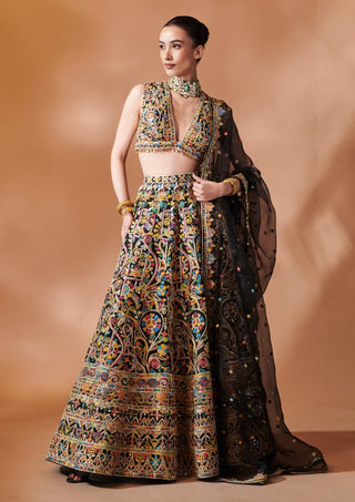 Black Multi Embroidered Lehenga Set by Tamanna Punjabi Kapoor, available on Indiaspopup.com