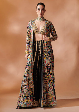 Black Long Embroidered Jacket And Sharara Set by Tamanna Punjabi Kapoor, available on Indiaspopup.com