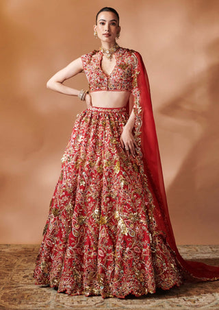Red Heavily Embroidered Lehenga Set by Tamanna Punjabi Kapoor, available on Indiaspopup.com