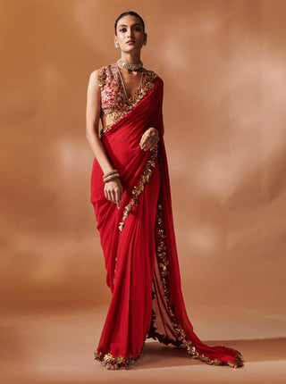 Red And Gold Stitched Sari And Blouse by Tamanna Punjabi Kapoor, available on Indiaspopup.com
