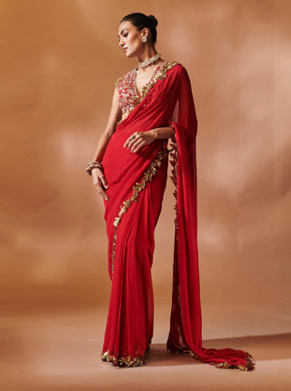 Red And Gold Stitched Sari And Blouse by Tamanna Punjabi Kapoor, available on Indiaspopup.com