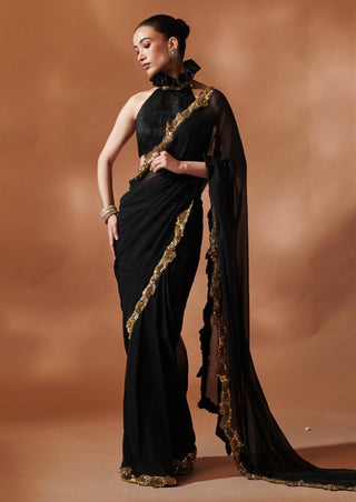 Black And Gold Stitched Sari And Blouse by Tamanna Punjabi Kapoor, available on Indiaspopup.com