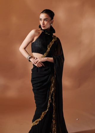 Black And Gold Stitched Sari And Blouse by Tamanna Punjabi Kapoor, available on Indiaspopup.com