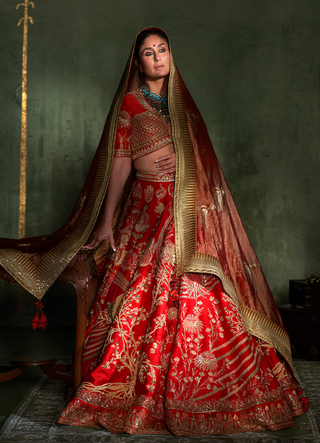House Of Masaba-Red Bagh-E-Bahar Bridal Lehenga Set-INDIASPOPUP.COM