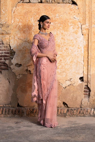 Nitika Gujral-Rose Pink Net Embroidered Sari Set-INDIASPOPUP.COM