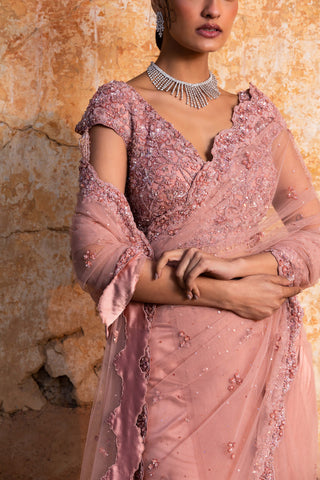 Nitika Gujral-Rose Pink Net Embroidered Sari Set-INDIASPOPUP.COM