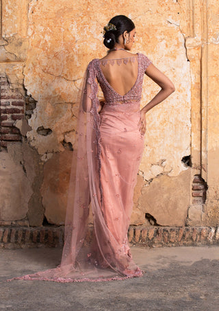 Nitika Gujral-Rose Pink Net Embroidered Sari Set-INDIASPOPUP.COM