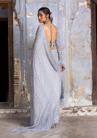 Nitika Gujral-Grey Sequence Georgette Sari Set-INDIASPOPUP.COM