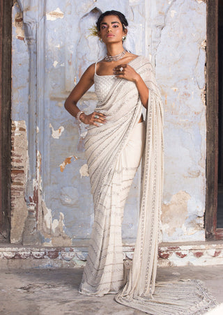 Nitika Gujral-Beige Shimmer Georgette Sari Set-INDIASPOPUP.COM