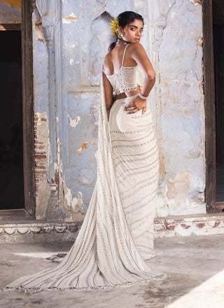 Nitika Gujral-Beige Shimmer Georgette Sari Set-INDIASPOPUP.COM
