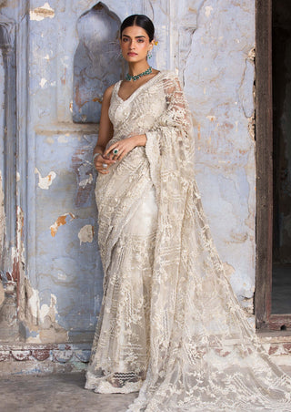 Nitika Gujral-Cream Embroidered Net Sari Set-INDIASPOPUP.COM