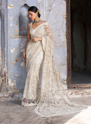 Nitika Gujral-Cream Embroidered Net Sari Set-INDIASPOPUP.COM