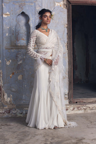 Nitika Gujral-Off-White Shimmer Drape Sari Set-INDIASPOPUP.COM