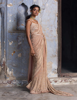 Nitika Gujral-Beige Georgette Ombre Sari Set-INDIASPOPUP.COM