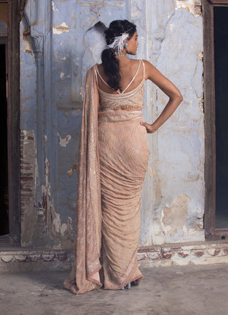 Nitika Gujral-Beige Georgette Ombre Sari Set-INDIASPOPUP.COM
