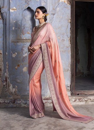 Nitika Gujral-Peach To Mauve Ombre Sari Set-INDIASPOPUP.COM