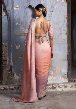 Nitika Gujral-Peach To Mauve Ombre Sari Set-INDIASPOPUP.COM