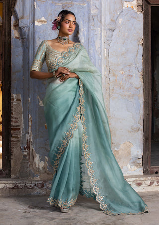 Nitika Gujral-Jade Green Ombre Organza Sari Set-INDIASPOPUP.COM