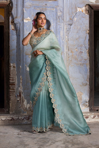 Nitika Gujral-Jade Green Ombre Organza Sari Set-INDIASPOPUP.COM