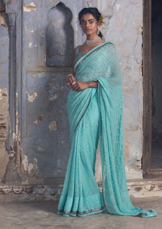 Nitika Gujral-Aqua Blue Chiffon Sari Set-INDIASPOPUP.COM