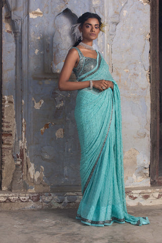 Nitika Gujral-Aqua Blue Chiffon Sari Set-INDIASPOPUP.COM