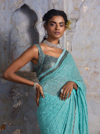 Nitika Gujral-Aqua Blue Chiffon Sari Set-INDIASPOPUP.COM