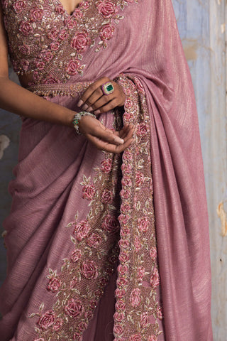 Nitika Gujral-Rose Pink Embroidered Sari Set-INDIASPOPUP.COM