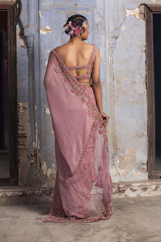 Nitika Gujral-Rose Pink Embroidered Sari Set-INDIASPOPUP.COM