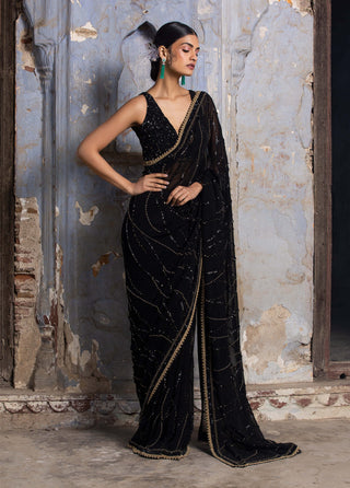 Nitika Gujral-Black Gold Georgette Sari Set-INDIASPOPUP.COM