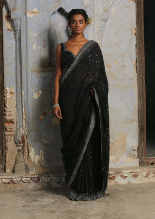 Nitika Gujral-Black Embroidered Organza Sari Set-INDIASPOPUP.COM